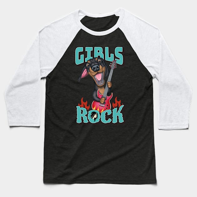 Fun Girls Rock with Dachshund Doxie Dog and guitar Baseball T-Shirt by Danny Gordon Art